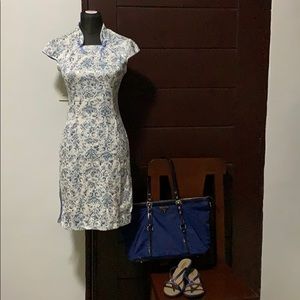 Cheongsam Inspired White and Blue dress